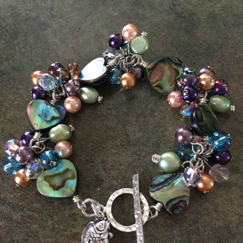Purple and Green Charm Bracelet with Crystal Beads